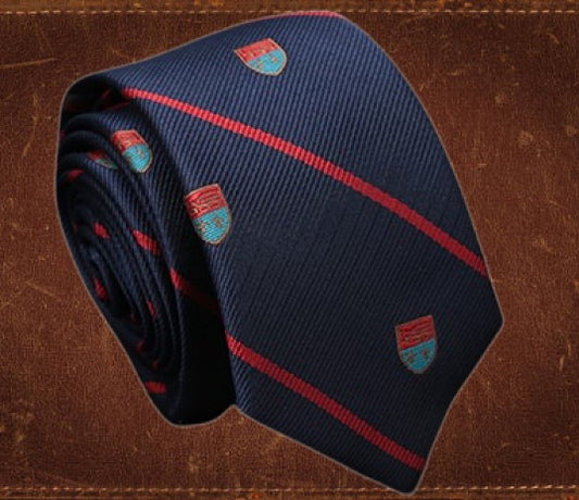 The classic Navy & Red with Crests College Tie